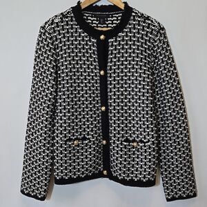 Tahari Woven Cardigan Sweater Blazer Jacket‎ Crest Preppy Fringe Trim Chunky